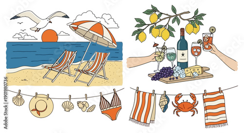 A vibrant illustration depicting a serene beach scene with lounge chairs and an umbrella, complemented by a delightful picnic spread with wine, cheese, and fruits under a lemon tree.