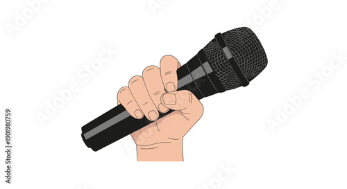 Close-up view of a human hand firmly grasping a modern black wired microphone, ready for a powerful vocal performance