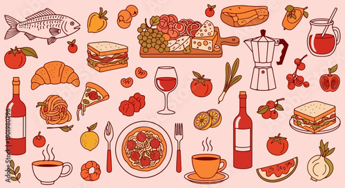 A vibrant and colorful illustration showcasing a delightful assortment of food and drinks, perfect for culinary themes and graphic design.