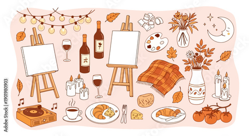 Cozy Autumn Evening Art Studio Scene with Easels, Wine, and Romantic Lighting.