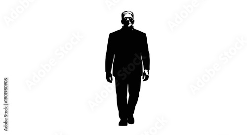 A silhouette of a man in a suit walking forward against a white background.