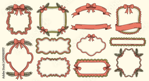 Collection of decorative vintage frames and banners with bows and pine sprigs, perfect for holiday or festive designs.