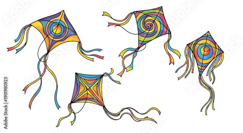 Four colorful, hand-drawn kites with streamers are depicted against a white background, showcasing vibrant patterns and designs.