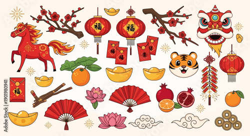 A vibrant collection of traditional Chinese New Year symbols and decorations, including a horse, tiger, lanterns, red envelopes, and gold ingots, set against a light background.