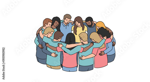 A close-knit group of diverse individuals huddled together in a supportive circle, embracing one another, symbolizing