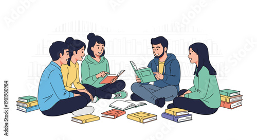 Five young students comfortably sitting on the library floor, actively engaged in reading and discussing books,