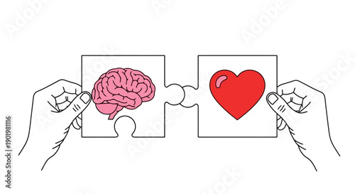 Two hands connect puzzle pieces, one with a brain illustration and the other with a heart illustration, symbolizing the connection between logic and emotion.