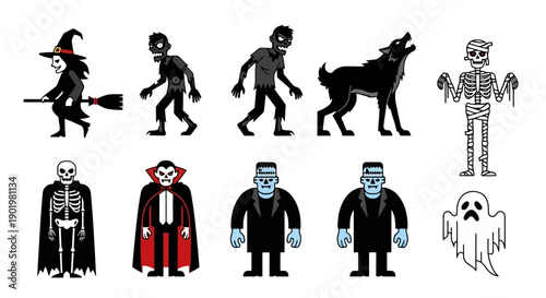 A collection of classic Halloween monster illustrations, including a witch, zombies, a werewolf, skeletons, a vampire, Frankenstein's monster, and a ghost.