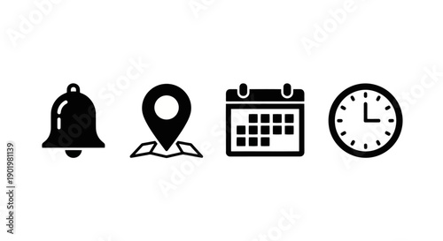 A collection of four distinct black icons representing a notification bell, a location pin on a map, a calendar, and a clock face.