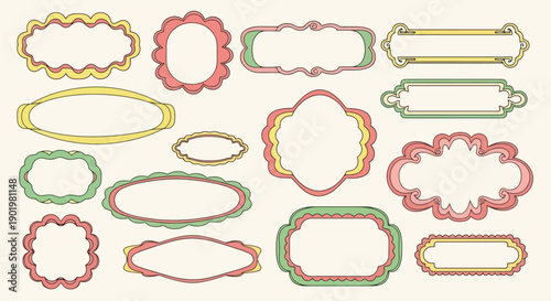 A collection of decorative, colorful, and ornate empty frames and labels in various shapes and sizes, set against a textured beige background.
