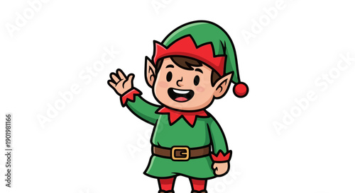 A cute cartoon elf wearing a green outfit with a red trim and a matching hat, waving hello with a friendly smile.