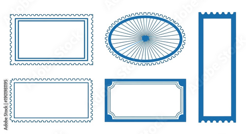 A collection of five decorative blue frames and borders with serrated edges, suitable for various design applications.