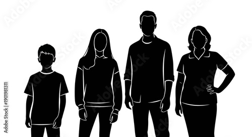 Silhouettes of a family of four, including a young boy, a teenage girl, a man, and a woman, standing together against a white background.