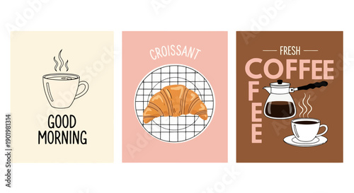 A collection of three charming illustrations featuring coffee and croissants, perfect for a morning cafe or breakfast theme.