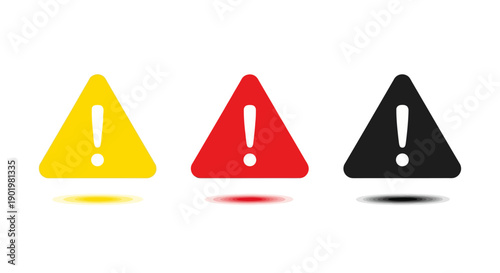 Three triangular warning signs with exclamation marks in yellow, red, and black colors.