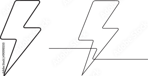 Lightning bolt symbol in one line art style with editable black stroke, minimal vector.