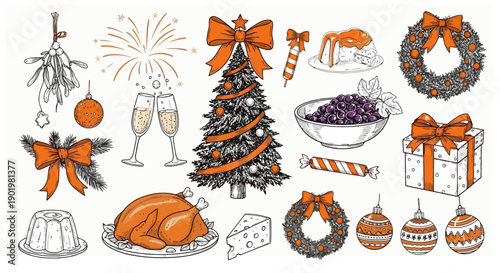 A vibrant collection of hand-drawn Christmas and New Year's Eve elements, including festive food, decorations, and celebratory symbols.