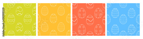 Set of seamless patterns with line art Easter eggs in green, yellow, orange, and blue. Vector spring designs for wrapping paper, textiles, packaging, wallpapers and holiday decorations.