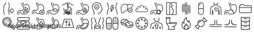 Digestive health line icon set. Vector pictograms of stomach, intestine, liver, heartburn, bloating, pills, constipation, and abdominal pain, thin outline illustration.