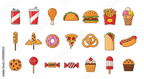 A vibrant collection of popular fast food and sweet treats, including drinks, burgers, fries, tacos, pizza, donuts, ice cream, and cookies, presented in a colorful illustration.