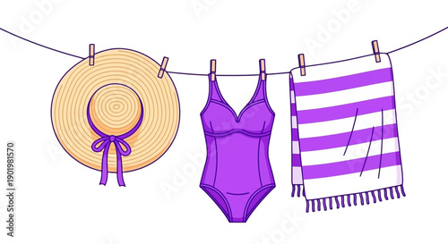 A wide-brimmed straw hat, a purple swimsuit, and a striped towel hang on a clothesline, suggesting a beach or vacation theme.