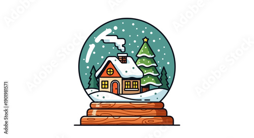 A charming snow globe depicts a cozy, snow-covered cottage with a smoking chimney and a decorated Christmas tree, set against a winter wonderland backdrop.