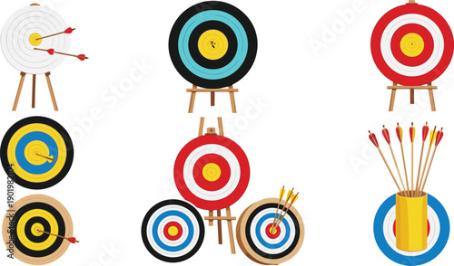 Archery target icon set featuring colorful bullseye boards with arrows on stands for sport practice, competition, training, and accuracy design concepts