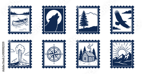 Rustic Wilderness Blue Ink Postage Stamp Collection for Outdoor Adventure Branding and Scrapbooking