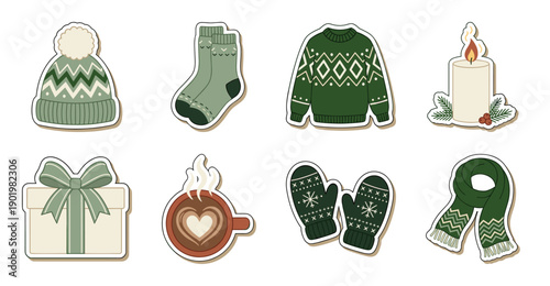 Winter Cozy Sticker Set in Green and Cream, Vector Illustration