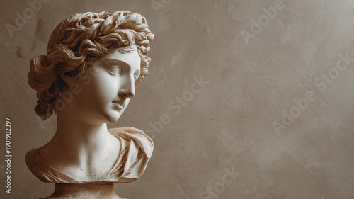 Rough textured wall background with antique sculpted female bust. Empty copy space. Artwork digital illustration.	