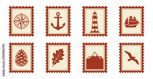 Vintage Nautical and Nature Silhouette Postage Stamp Collection for Scalloped Border Stationery and Travel Scrapbooking