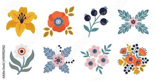 Folk Art Floral Illustration Set with Botanical Elements