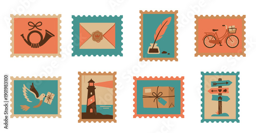 Vintage Postal Aesthetic Delivery Symbol Stamp Collection for Retro Stationery and Scrapbooking Designs