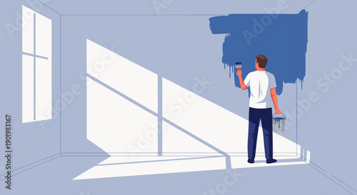 Modern home renovation vector illustration of a man painting a blue wall in an empty room with sunlight streaming through the window