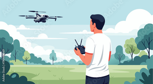 Man flying drone remote control in park, vector illustration. Outdoor leisure activity and technology