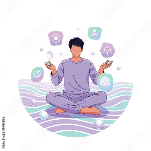 Man Meditating with Floating Abstract Symbols Representing Mental Balance and Digital Wellness.