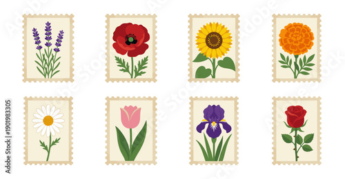 Flat Botanical Floral Postage Stamp Collection for Retro Stationery and Garden Themed Graphic Design Assets