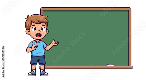 Cute young boy holding chalk in front of a green chalkboard, vector illustration for educational purposes