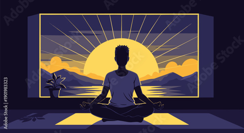 Sunrise meditation vector illustration of a person practicing yoga in silhouette with mountain landscape