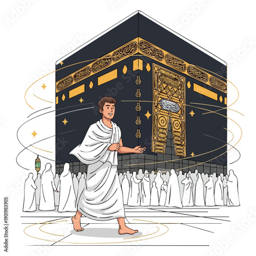 Man performing Hajj pilgrimage in white ihram.
