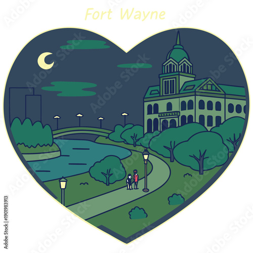 Fort Wayne Indiana Night Skyline and Riverfront Park Illustration