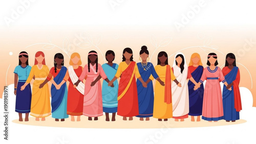 Diverse women in colorful traditional clothing standing together in unity and solidarity hands clasped against a warm beige background