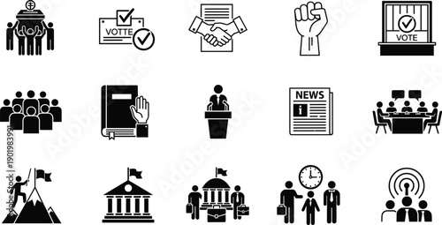 Solid political and civic engagement icon set featuring voting, government, elections, protest, news, leadership, and democracy symbols for public and social design