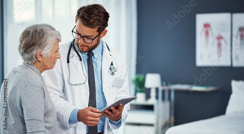 Fotografija Doctor, tablet and discussion with old woman in hospital for advice, mammogram test results and healthcare