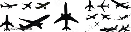 Icon service spoilers vector collection airport radar glider airplane plane variant shape.Collection of black hand-drawn travel and aviation icons in a rough silhouette style, including an airplane