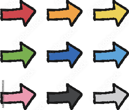 カラフルな矢印の手描きイラストセット