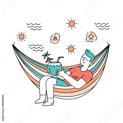 Man relaxing in a hammock with a coconut drink on a sunny day.