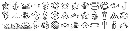 Ocean and marine life line icon set. Vector pictograms of starfish, anchor, jellyfish, crab, turtle, seashell, shark, coral, seahorse, and dolphin, outline illustration.