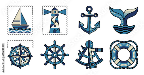 Geometric Nautical Graphic Stamp Set and Maritime Equipment Collection for Summer Travel Stationery