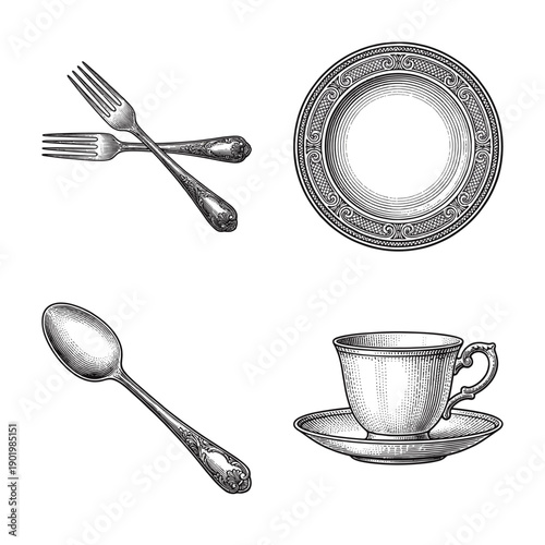 Vintage silverware and tableware collection featuring ornate forks, spoon, decorative plate, and teacup in a detailed monochrome engraving style.